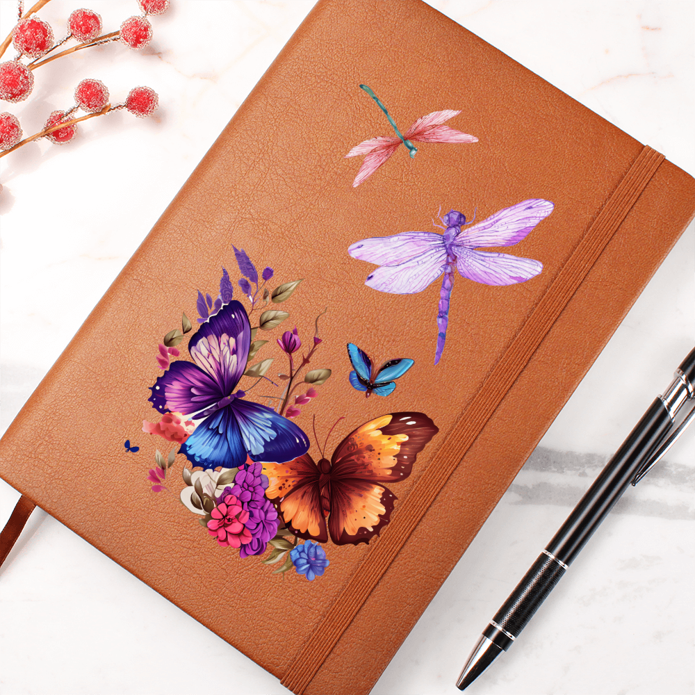 Dragonfly & Butterfly Vegan Leather Journal - Inspirational Writing Notebook, Gift for Women