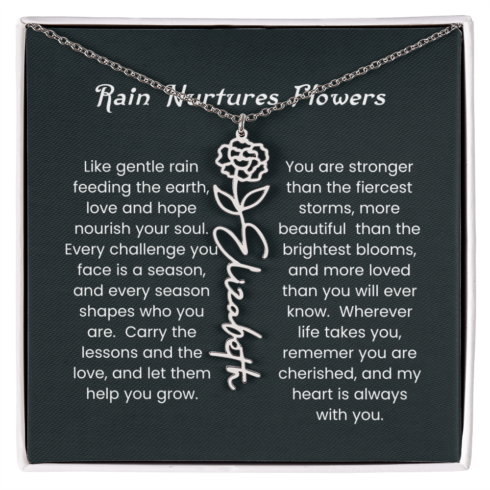 Custom Birth Flower Name Necklace with Rain Nurtures Flower Card - Gift for Mom, Wife, Daughter, friend