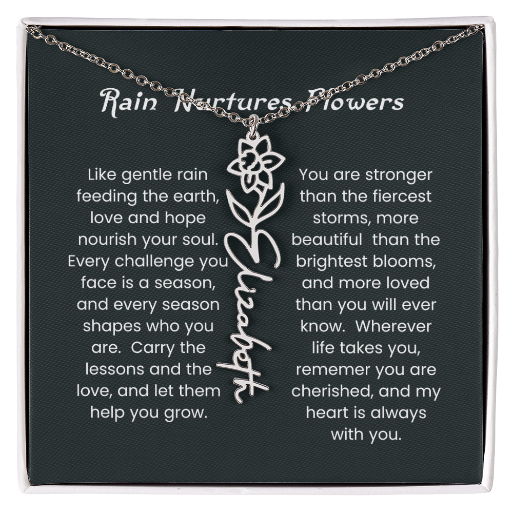 Custom Birth Flower Name Necklace with Rain Nurtures Flower Card - Gift for Mom, Wife, Daughter, friend