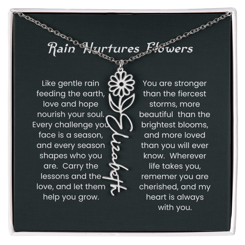 Custom Birth Flower Name Necklace with Rain Nurtures Flower Card - Gift for Mom, Wife, Daughter, friend