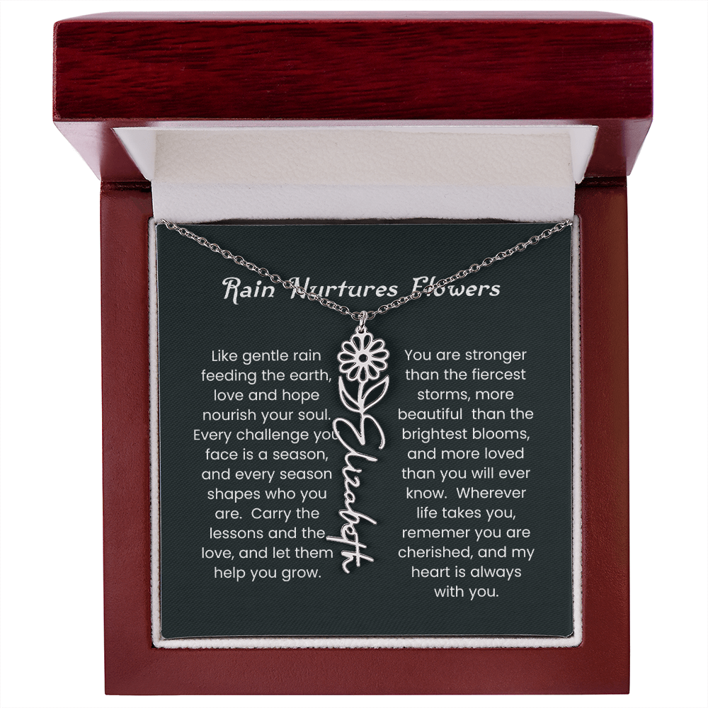 Custom Birth Flower Name Necklace with Rain Nurtures Flower Card - Gift for Mom, Wife, Daughter, friend