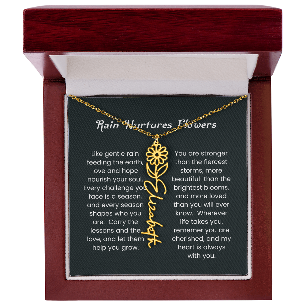 Custom Birth Flower Name Necklace with Rain Nurtures Flower Card - Gift for Mom, Wife, Daughter, friend