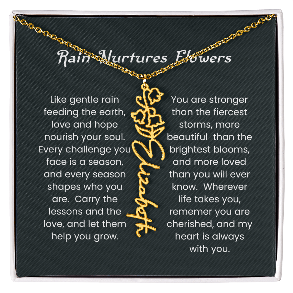 Custom Birth Flower Name Necklace with Rain Nurtures Flower Card - Gift for Mom, Wife, Daughter, friend