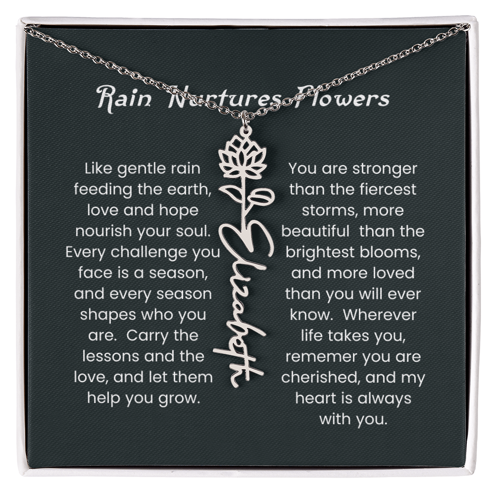 Custom Birth Flower Name Necklace with Rain Nurtures Flower Card - Gift for Mom, Wife, Daughter, friend