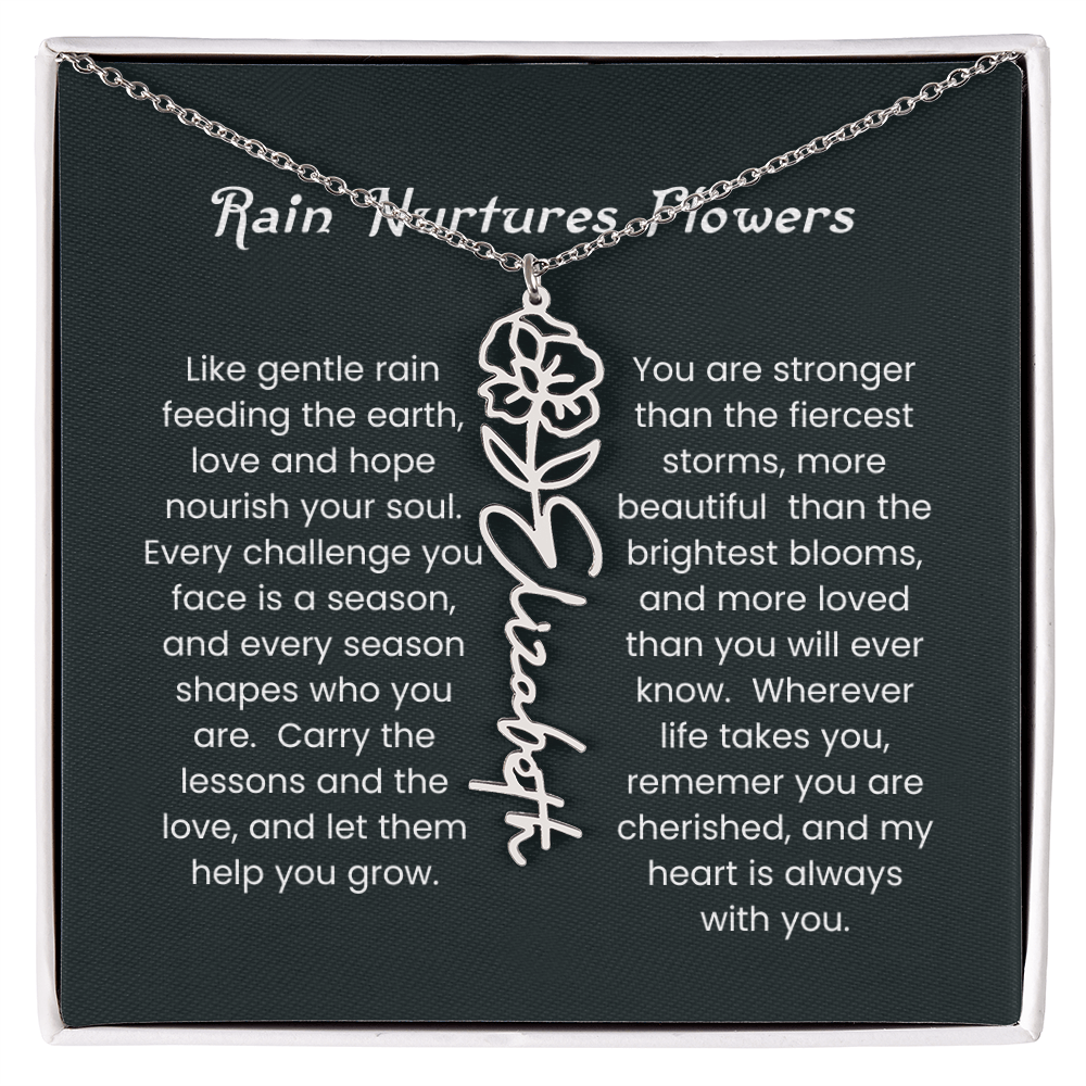 Custom Birth Flower Name Necklace with Rain Nurtures Flower Card - Gift for Mom, Wife, Daughter, friend