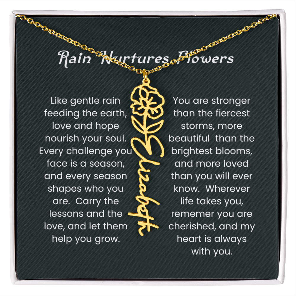 Custom Birth Flower Name Necklace with Rain Nurtures Flower Card - Gift for Mom, Wife, Daughter, friend
