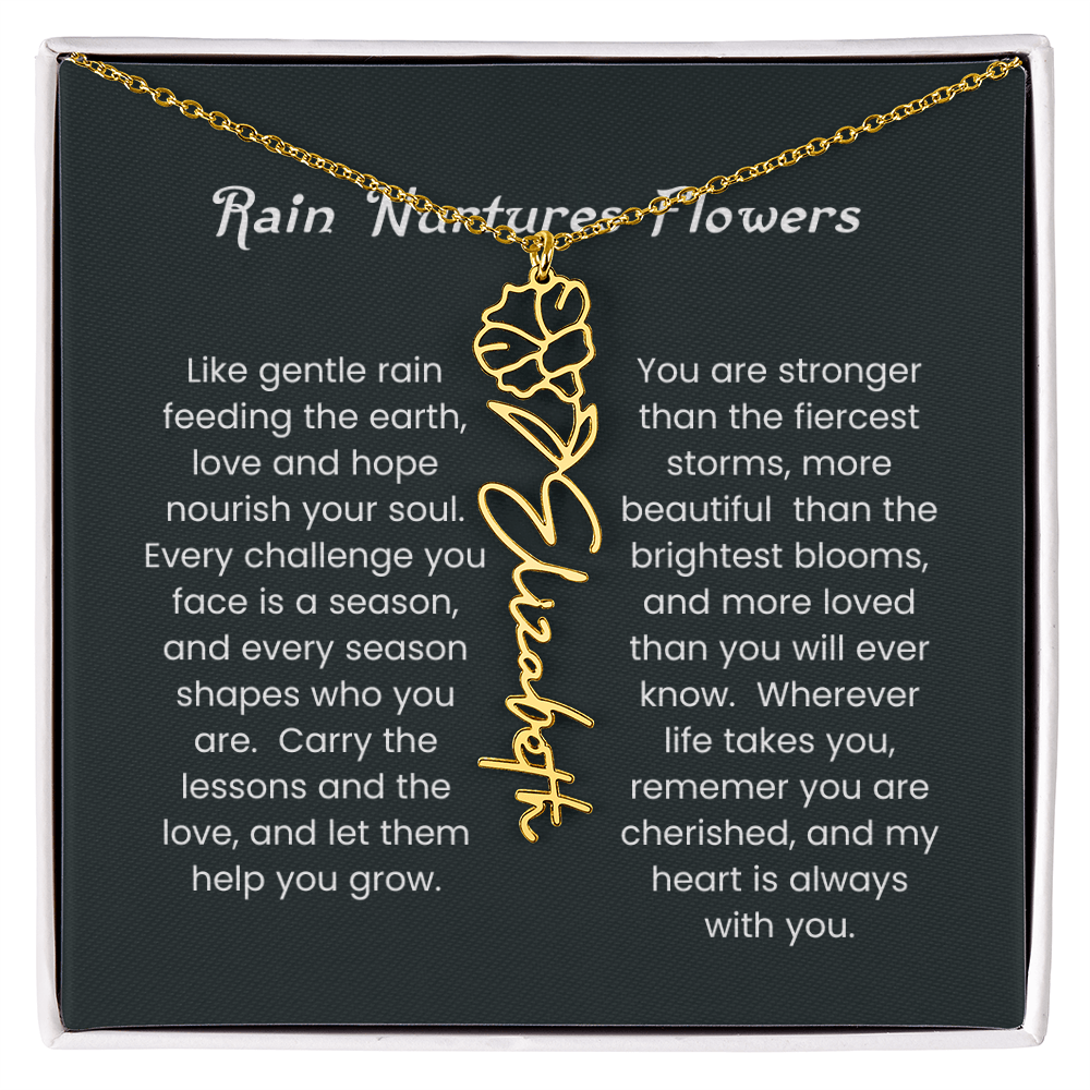 Custom Birth Flower Name Necklace with Rain Nurtures Flower Card - Gift for Mom, Wife, Daughter, friend