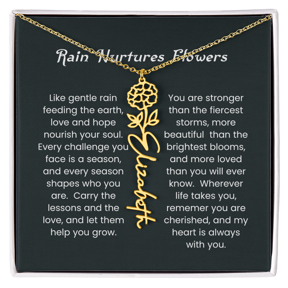 Custom Birth Flower Name Necklace with Rain Nurtures Flower Card - Gift for Mom, Wife, Daughter, friend