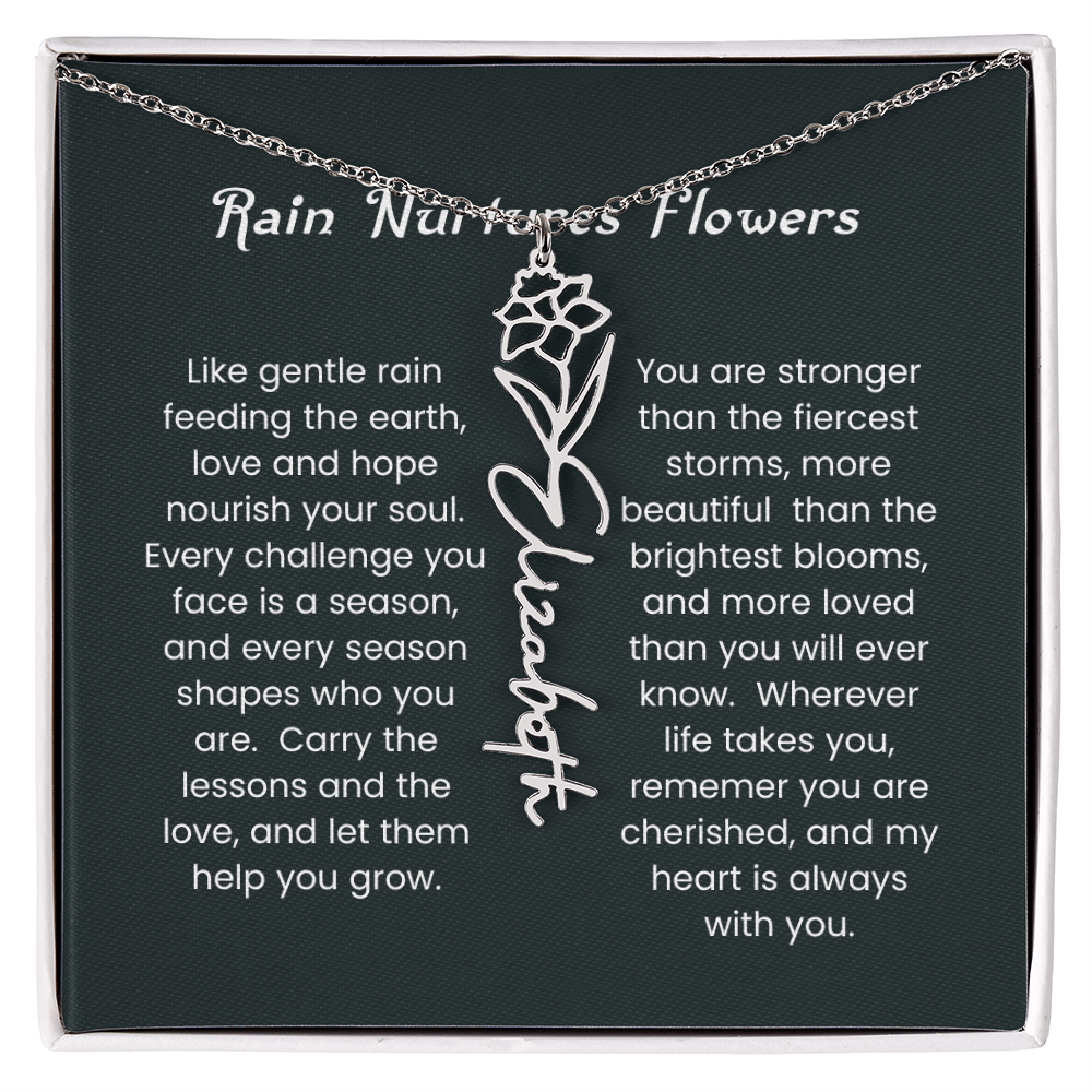 Custom Birth Flower Name Necklace with Rain Nurtures Flower Card - Gift for Mom, Wife, Daughter, friend