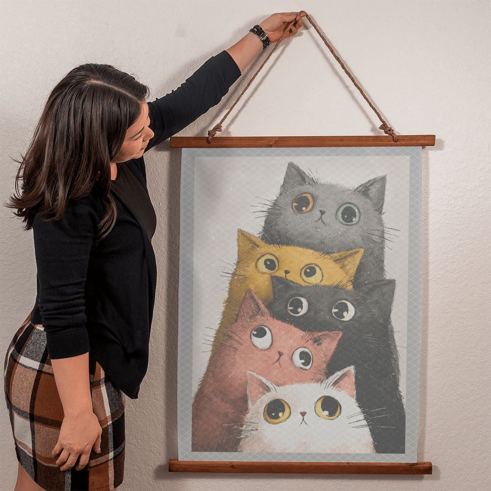Whimsical Stacked Cats Wall Hanging - Neutral Tones Edition