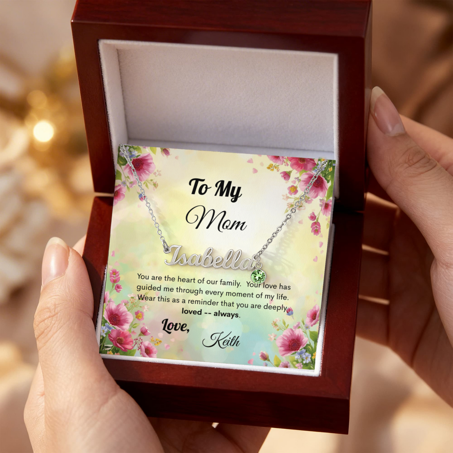 Personalized Name Necklace with Birthstone with Custom Message Card
