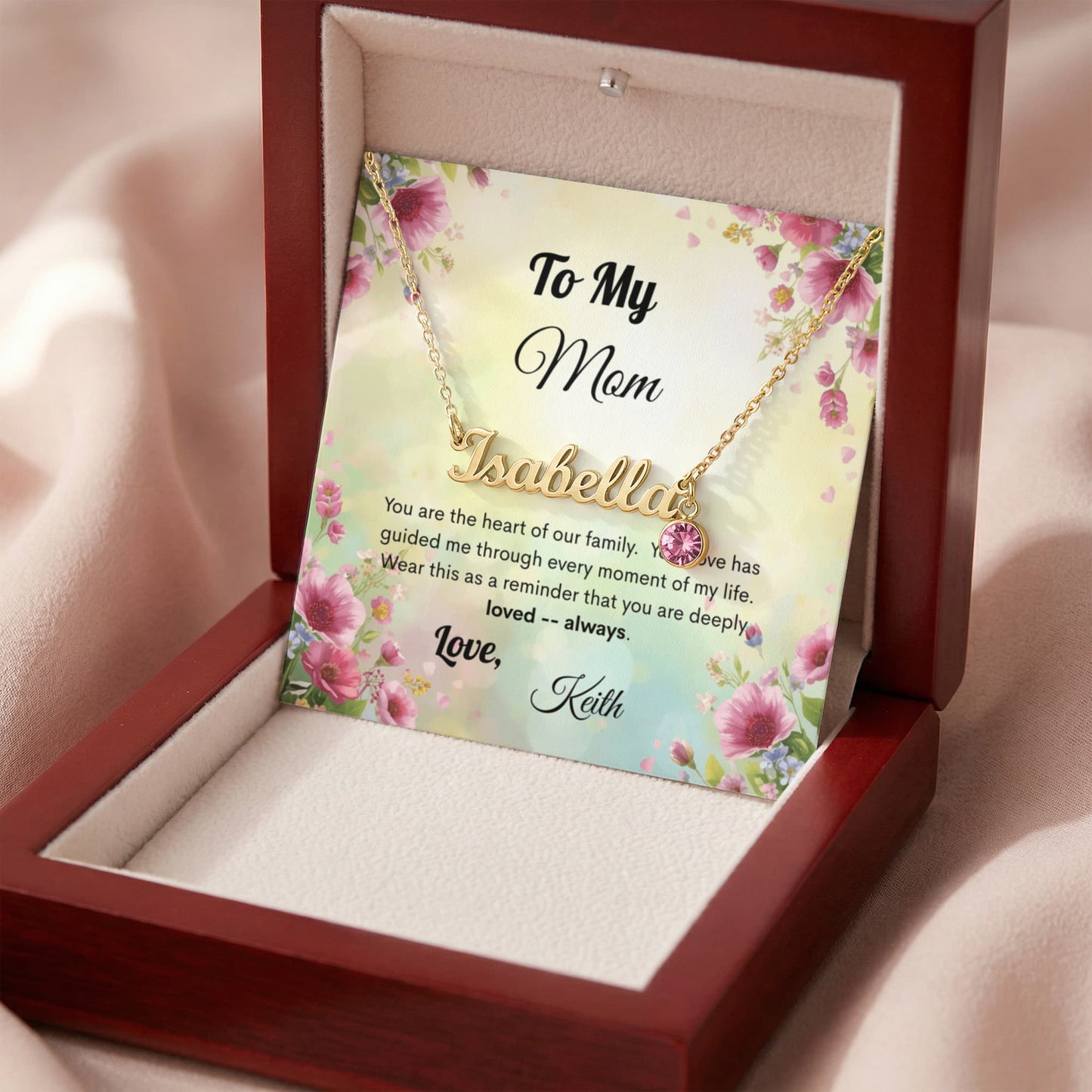Personalized Name Necklace with Birthstone with Custom Message Card