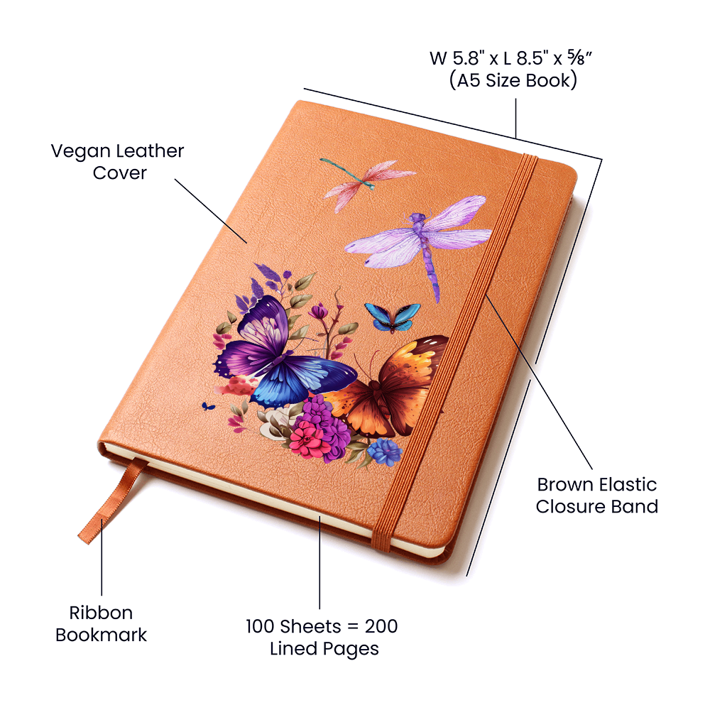 Dragonfly & Butterfly Vegan Leather Journal - Inspirational Writing Notebook, Gift for Women