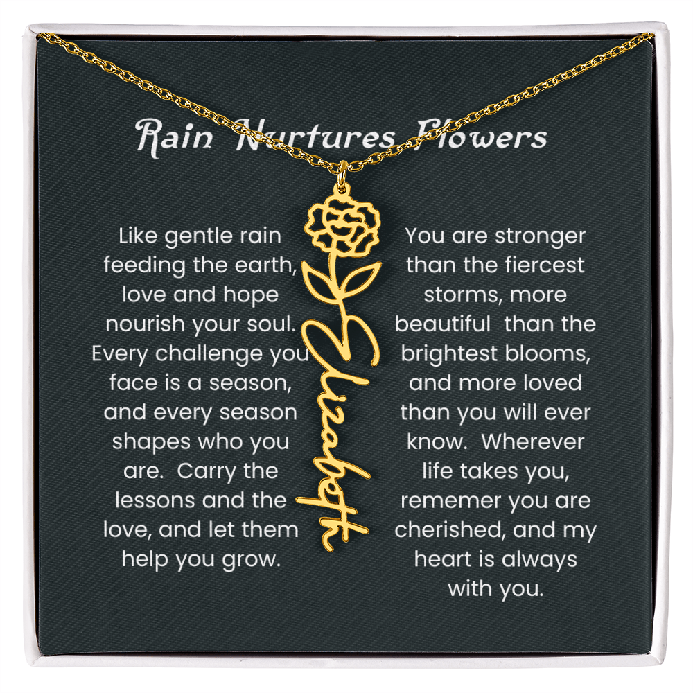 Custom Birth Flower Name Necklace with Rain Nurtures Flower Card - Gift for Mom, Wife, Daughter, friend