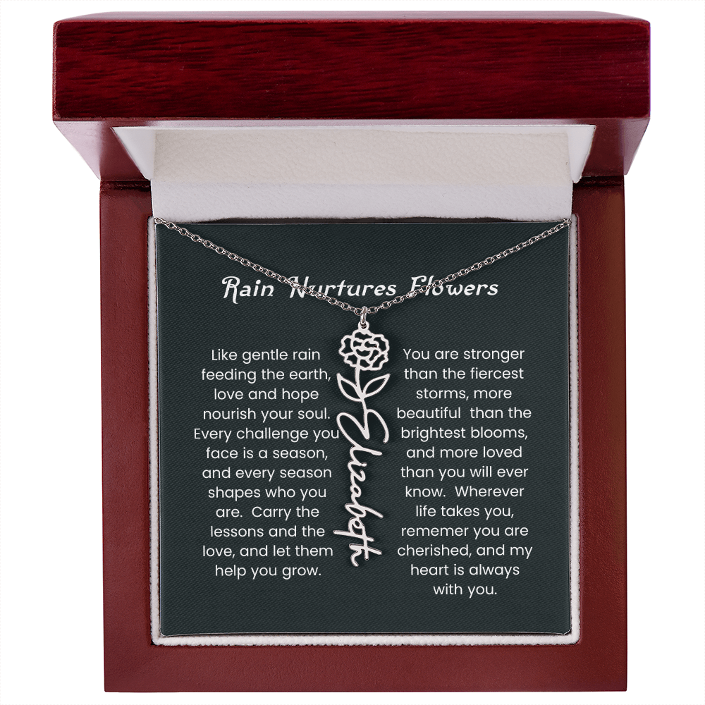 Custom Birth Flower Name Necklace with Rain Nurtures Flower Card - Gift for Mom, Wife, Daughter, friend