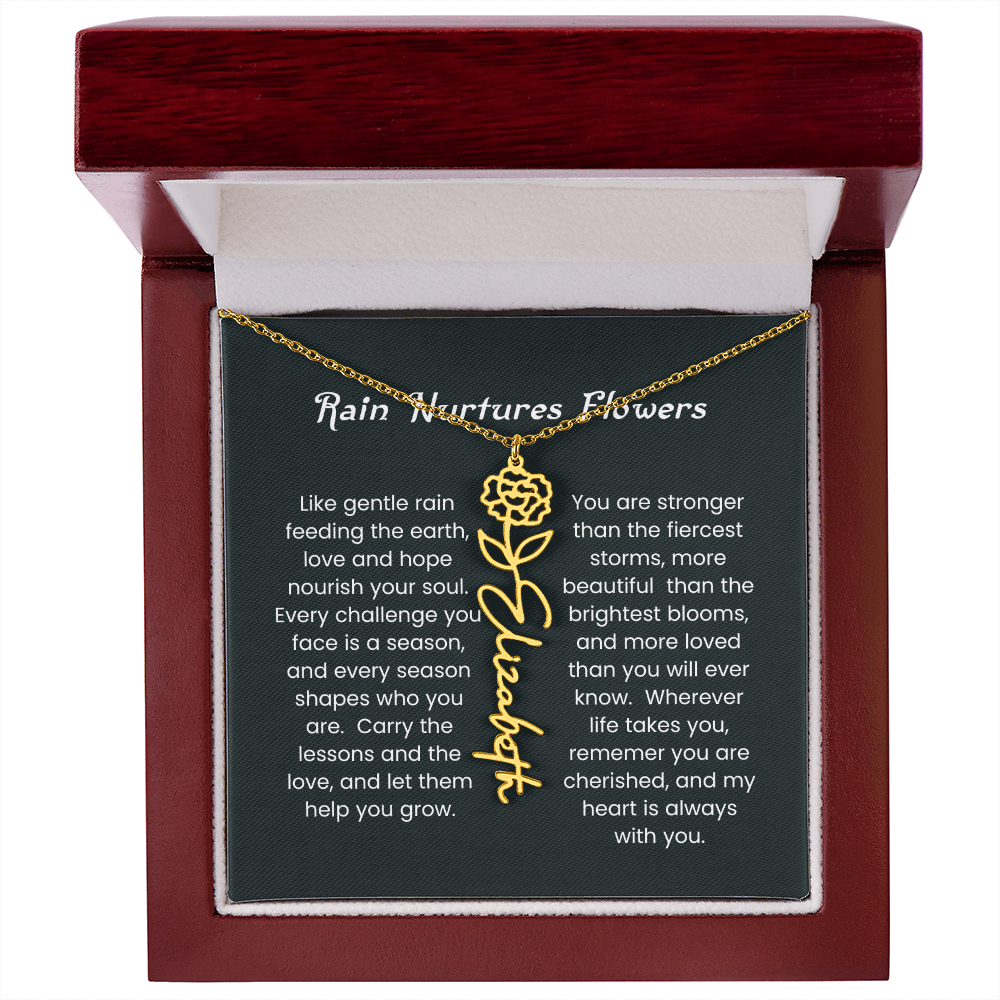 Custom Birth Flower Name Necklace with Rain Nurtures Flower Card - Gift for Mom, Wife, Daughter, friend