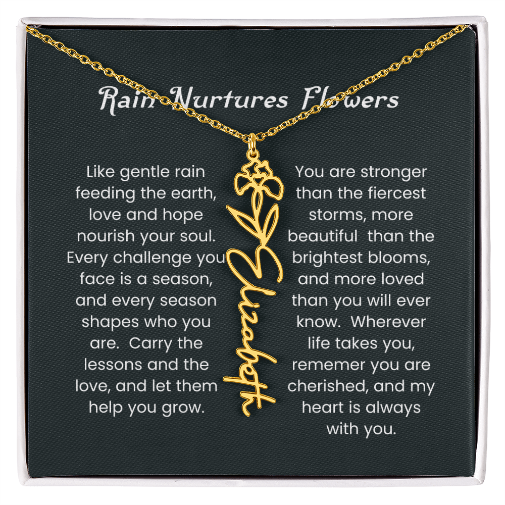 Custom Birth Flower Name Necklace with Rain Nurtures Flower Card - Gift for Mom, Wife, Daughter, friend