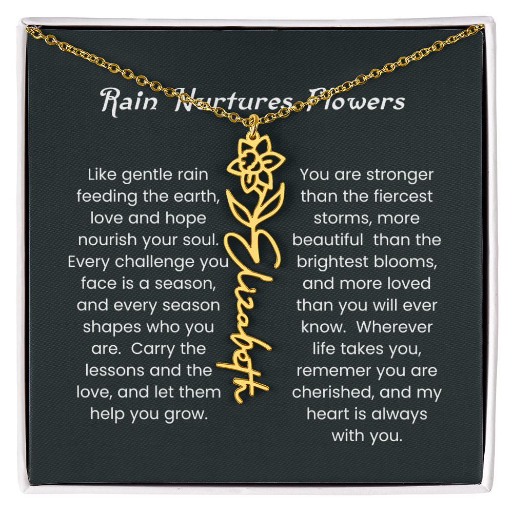 Custom Birth Flower Name Necklace with Rain Nurtures Flower Card - Gift for Mom, Wife, Daughter, friend