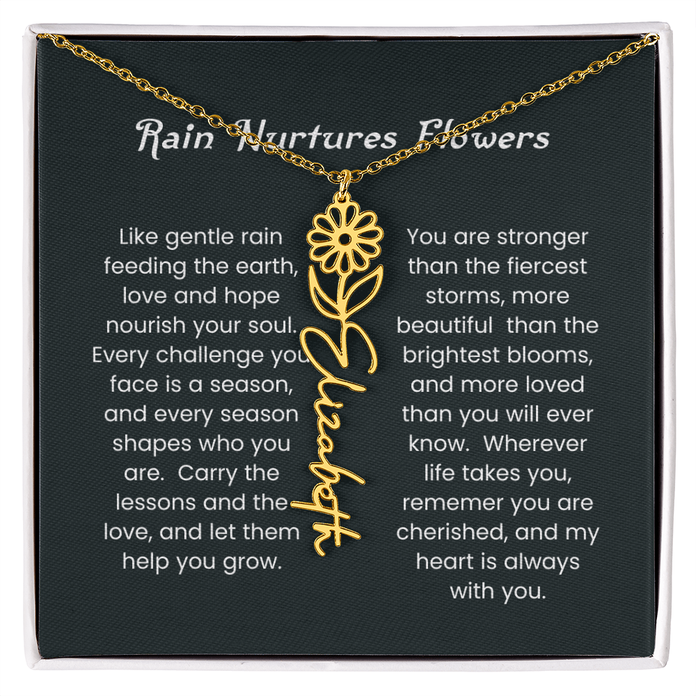 Custom Birth Flower Name Necklace with Rain Nurtures Flower Card - Gift for Mom, Wife, Daughter, friend