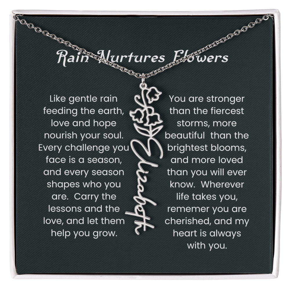 Custom Birth Flower Name Necklace with Rain Nurtures Flower Card - Gift for Mom, Wife, Daughter, friend