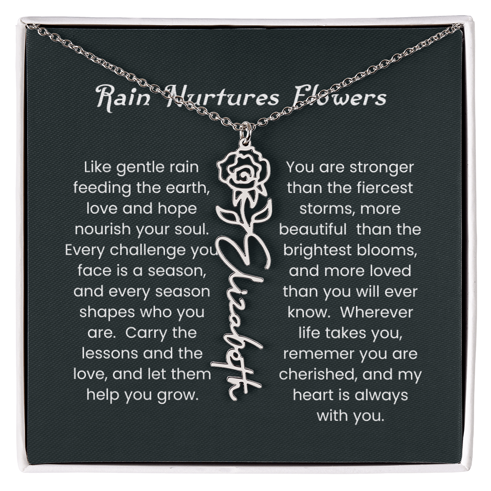 Custom Birth Flower Name Necklace with Rain Nurtures Flower Card - Gift for Mom, Wife, Daughter, friend