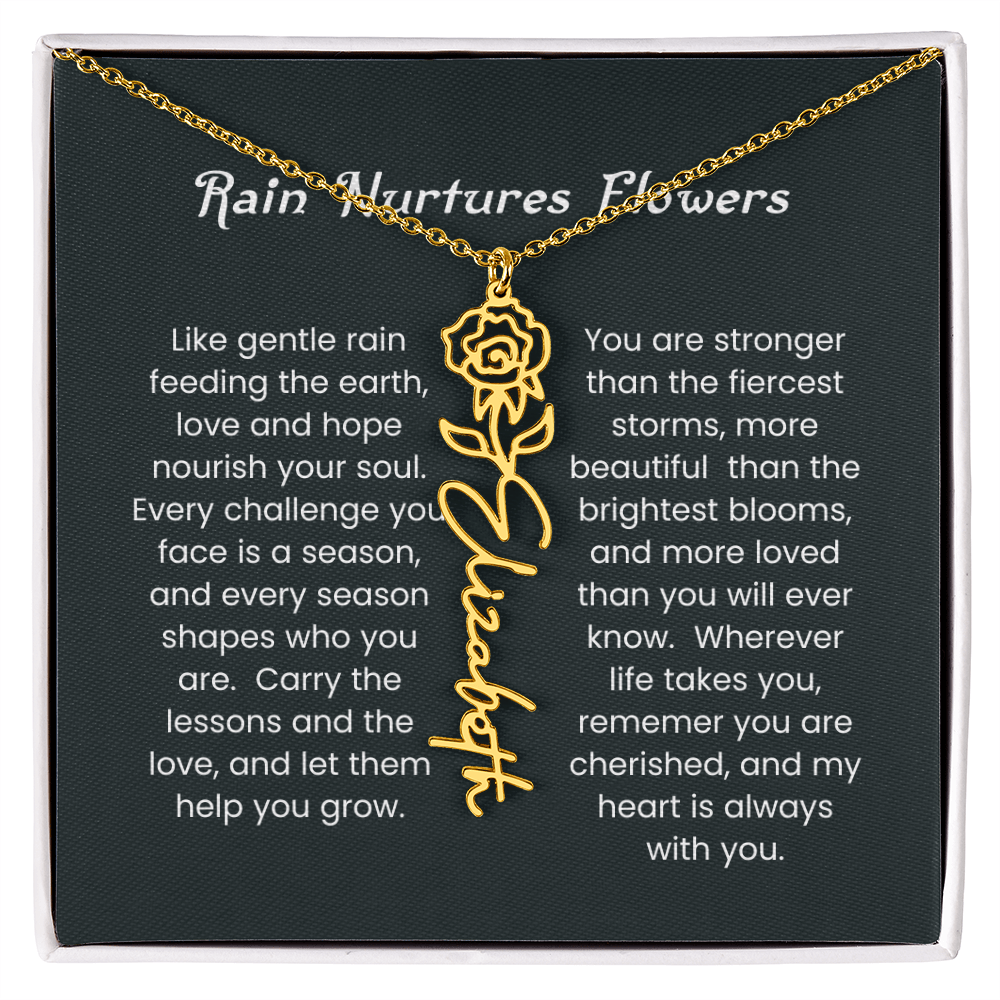 Custom Birth Flower Name Necklace with Rain Nurtures Flower Card - Gift for Mom, Wife, Daughter, friend