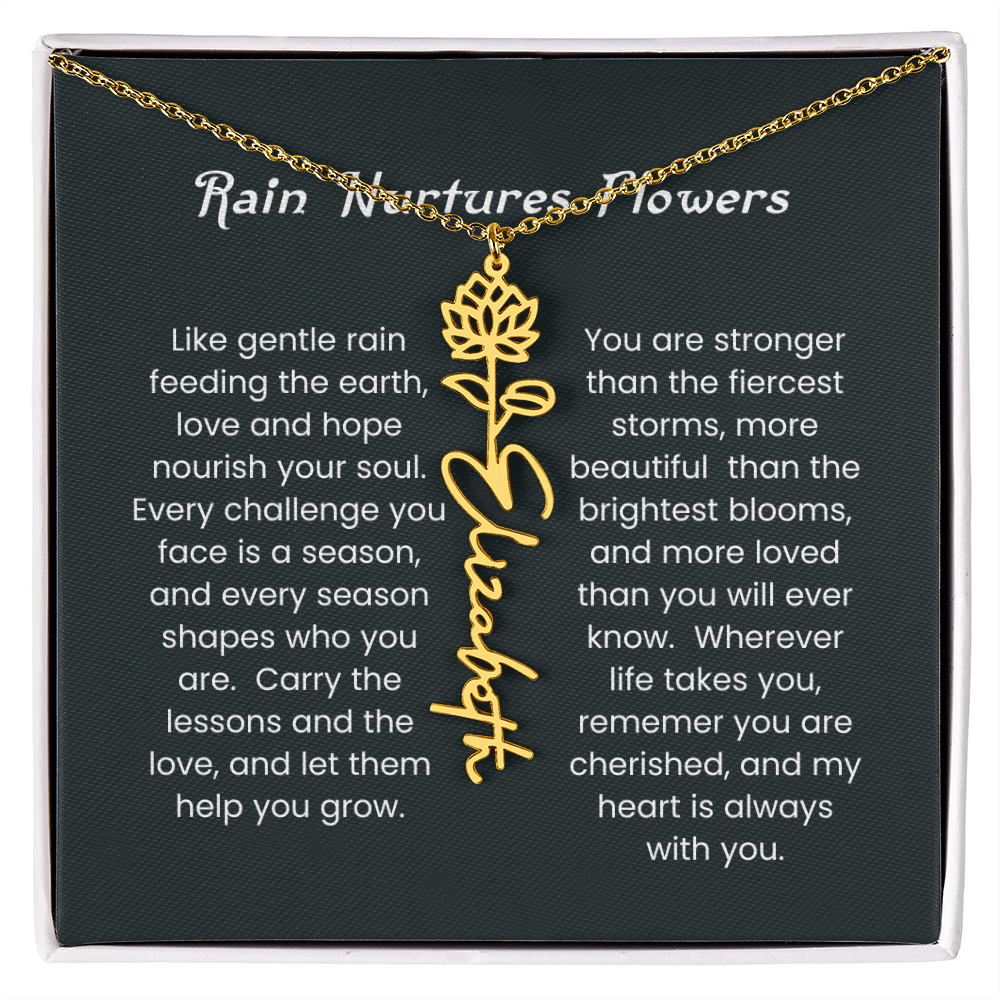 Custom Birth Flower Name Necklace with Rain Nurtures Flower Card - Gift for Mom, Wife, Daughter, friend