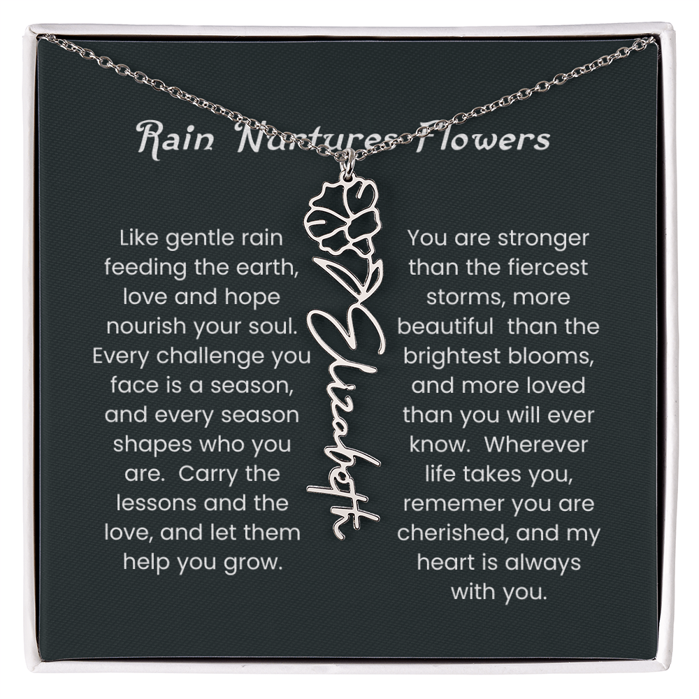 Custom Birth Flower Name Necklace with Rain Nurtures Flower Card - Gift for Mom, Wife, Daughter, friend