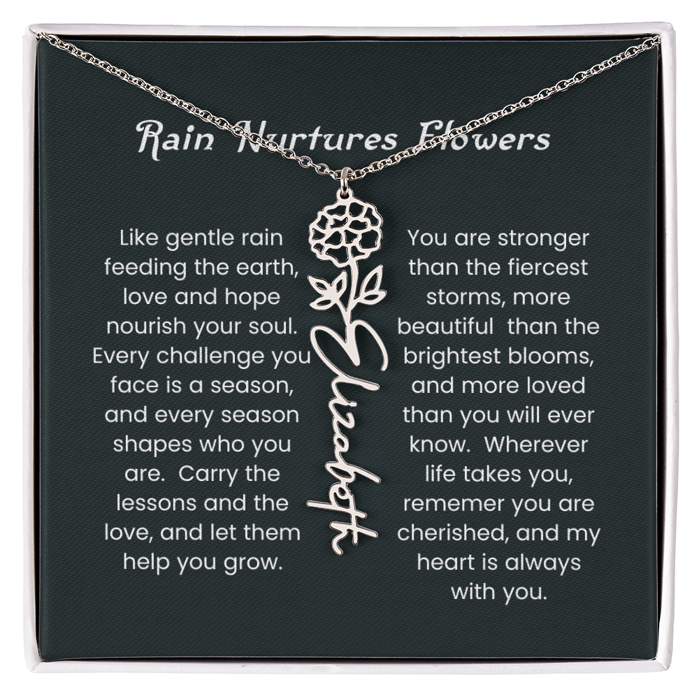 Custom Birth Flower Name Necklace with Rain Nurtures Flower Card - Gift for Mom, Wife, Daughter, friend