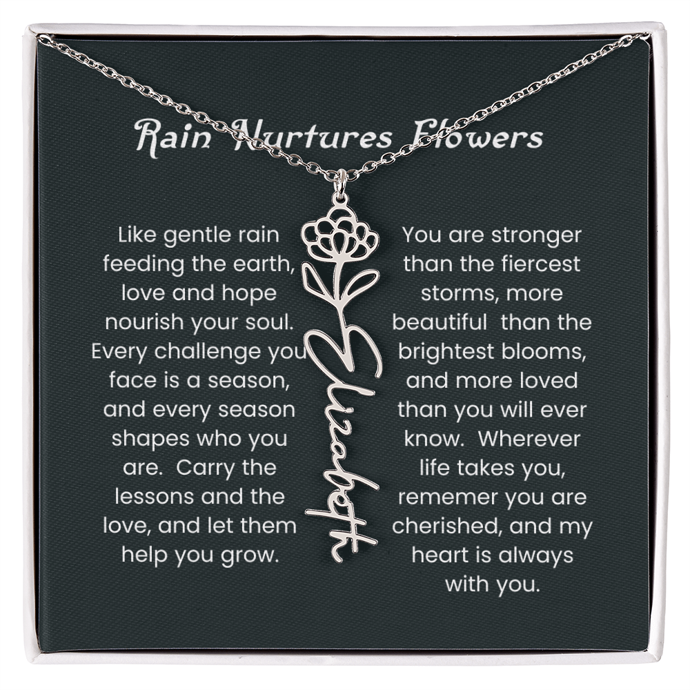 Custom Birth Flower Name Necklace with Rain Nurtures Flower Card - Gift for Mom, Wife, Daughter, friend