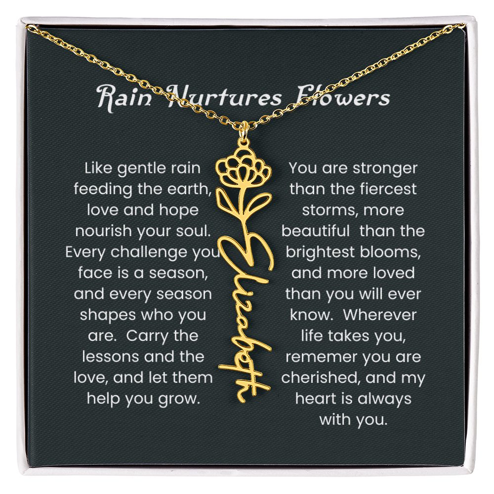 Custom Birth Flower Name Necklace with Rain Nurtures Flower Card - Gift for Mom, Wife, Daughter, friend
