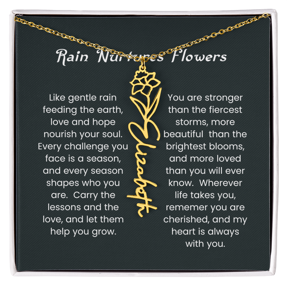 Custom Birth Flower Name Necklace with Rain Nurtures Flower Card - Gift for Mom, Wife, Daughter, friend