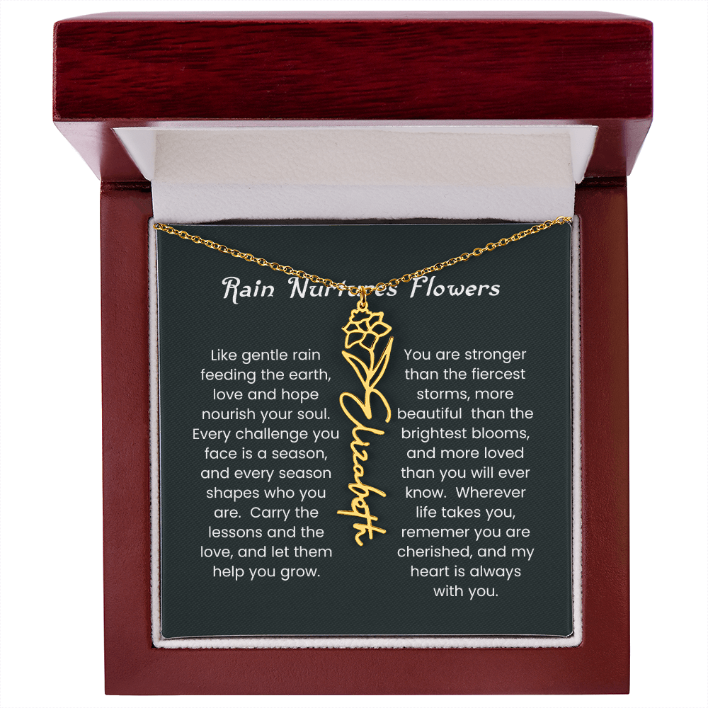 Custom Birth Flower Name Necklace with Rain Nurtures Flower Card - Gift for Mom, Wife, Daughter, friend