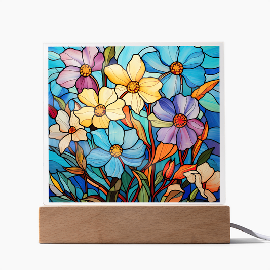 Blue Blossom Garden Stained Glass LED Acrylic Decor