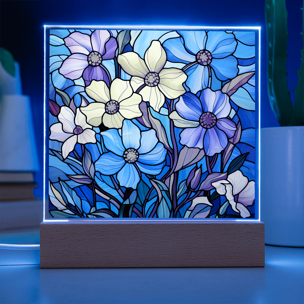 Blue Blossom Garden Stained Glass LED Acrylic Decor