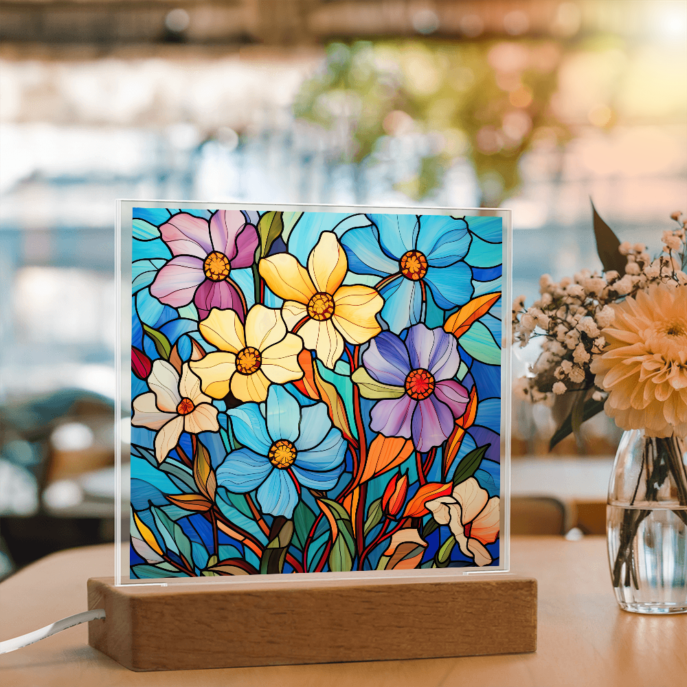 Blue Blossom Garden Stained Glass LED Acrylic Decor