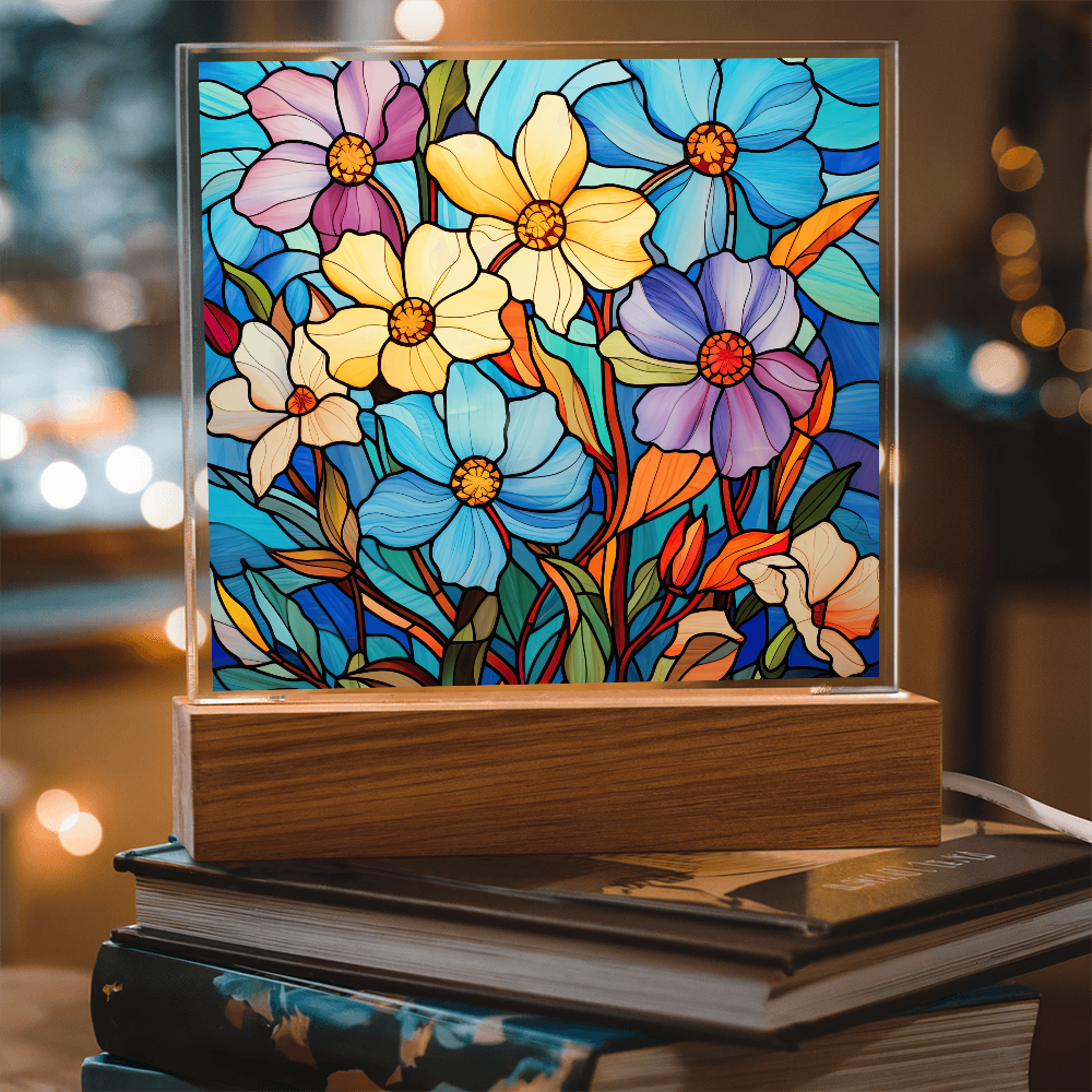 Blue Blossom Garden Stained Glass LED Acrylic Decor