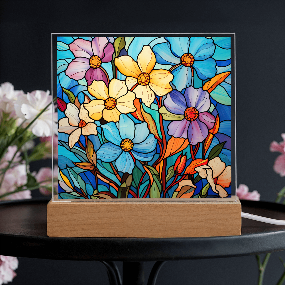 Blue Blossom Garden Stained Glass LED Acrylic Decor