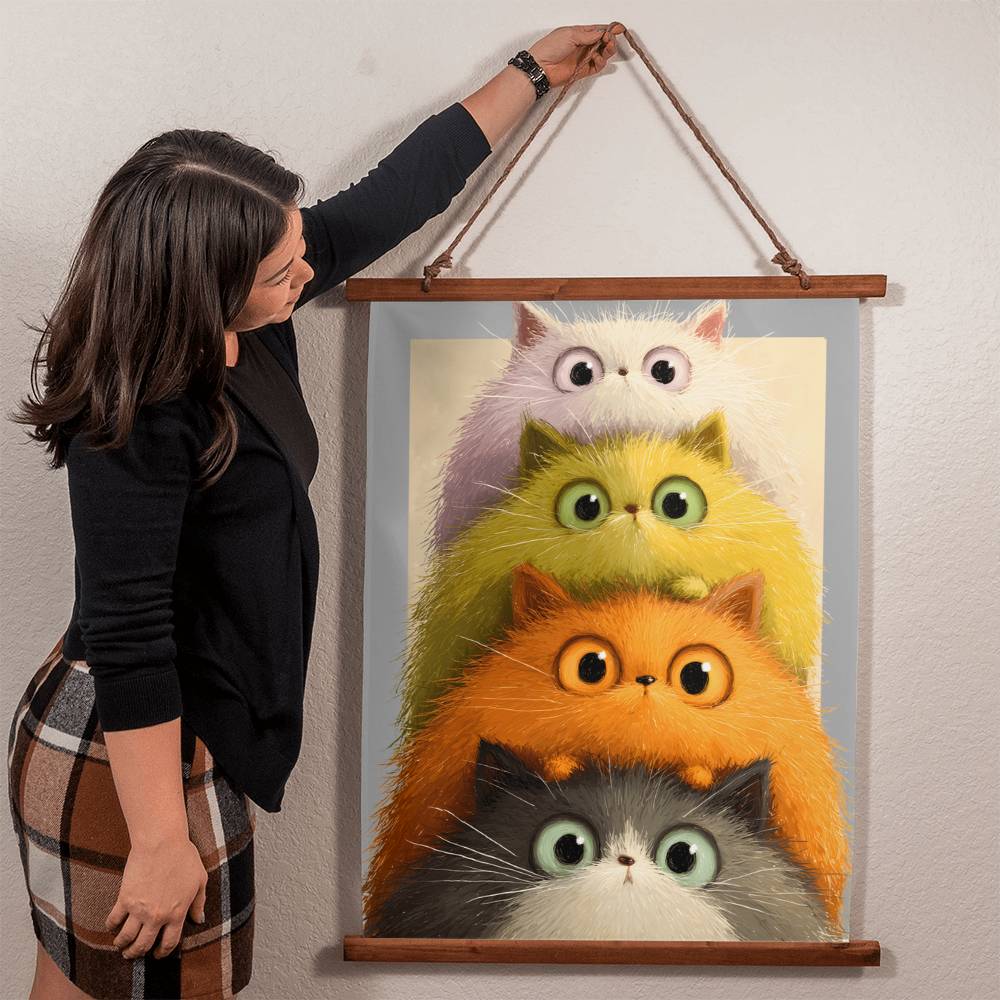 Whimsical Stacked Cats Wall Hanging - Soft Blue Edition