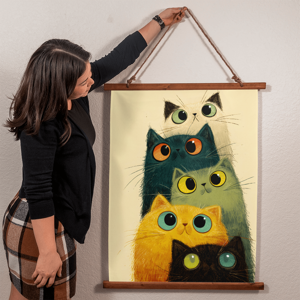 Whimsical Stacked Cats Wall Hanging - Warm Tones Edition