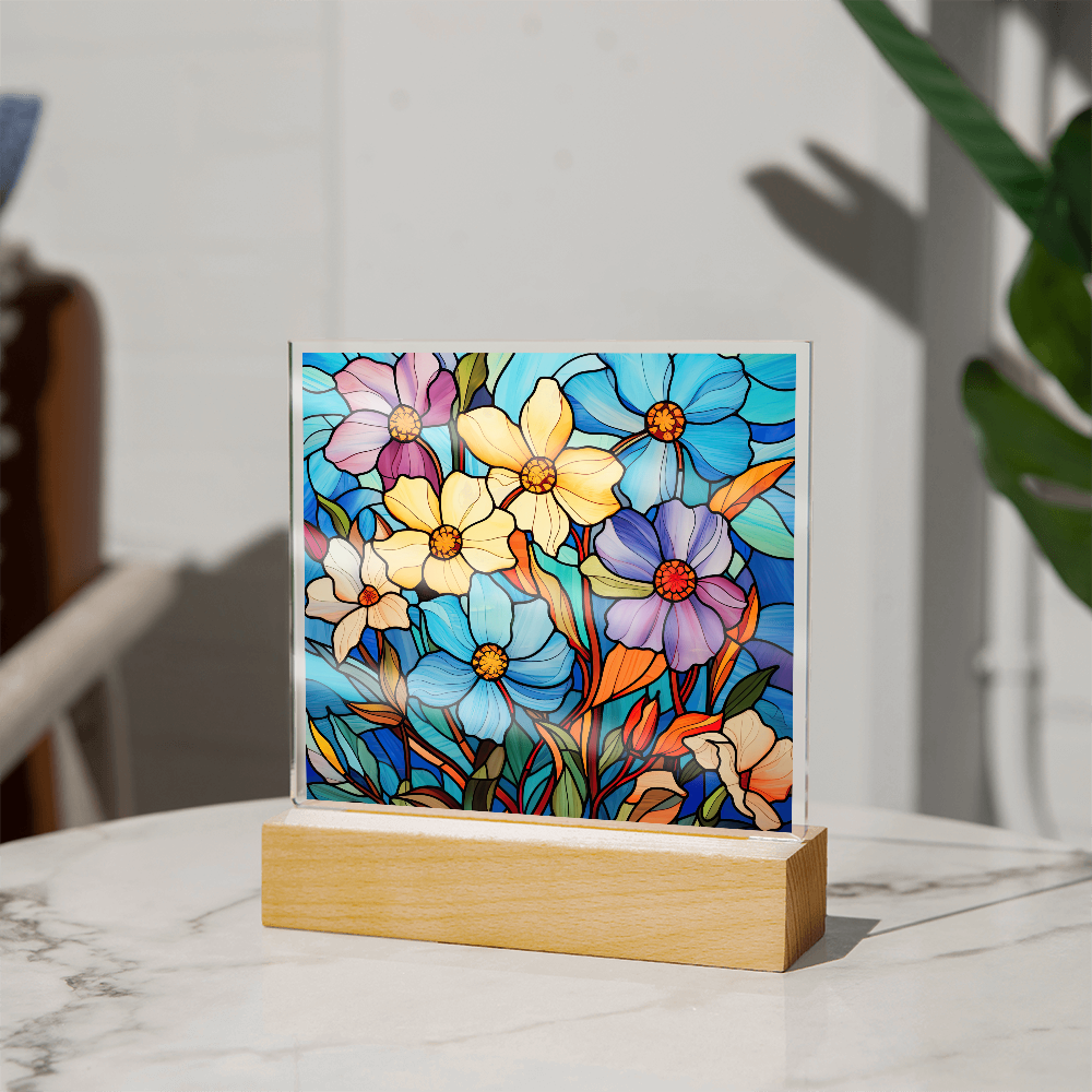 Blue Blossom Garden Stained Glass LED Acrylic Decor