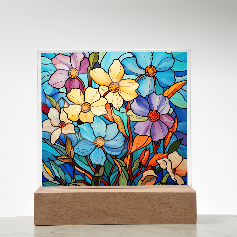 Blue Blossom Garden Stained Glass LED Acrylic Decor
