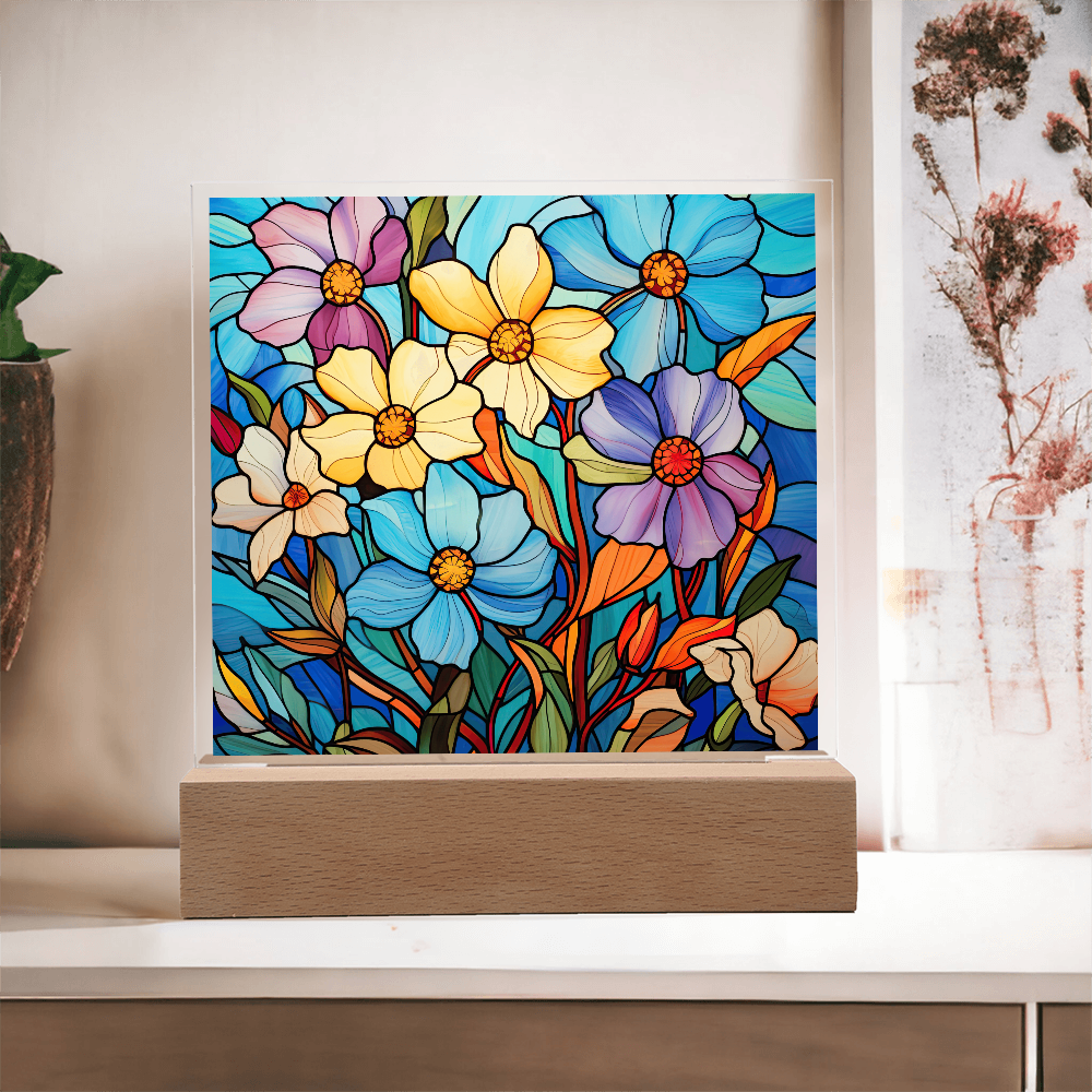 Blue Blossom Garden Stained Glass LED Acrylic Decor