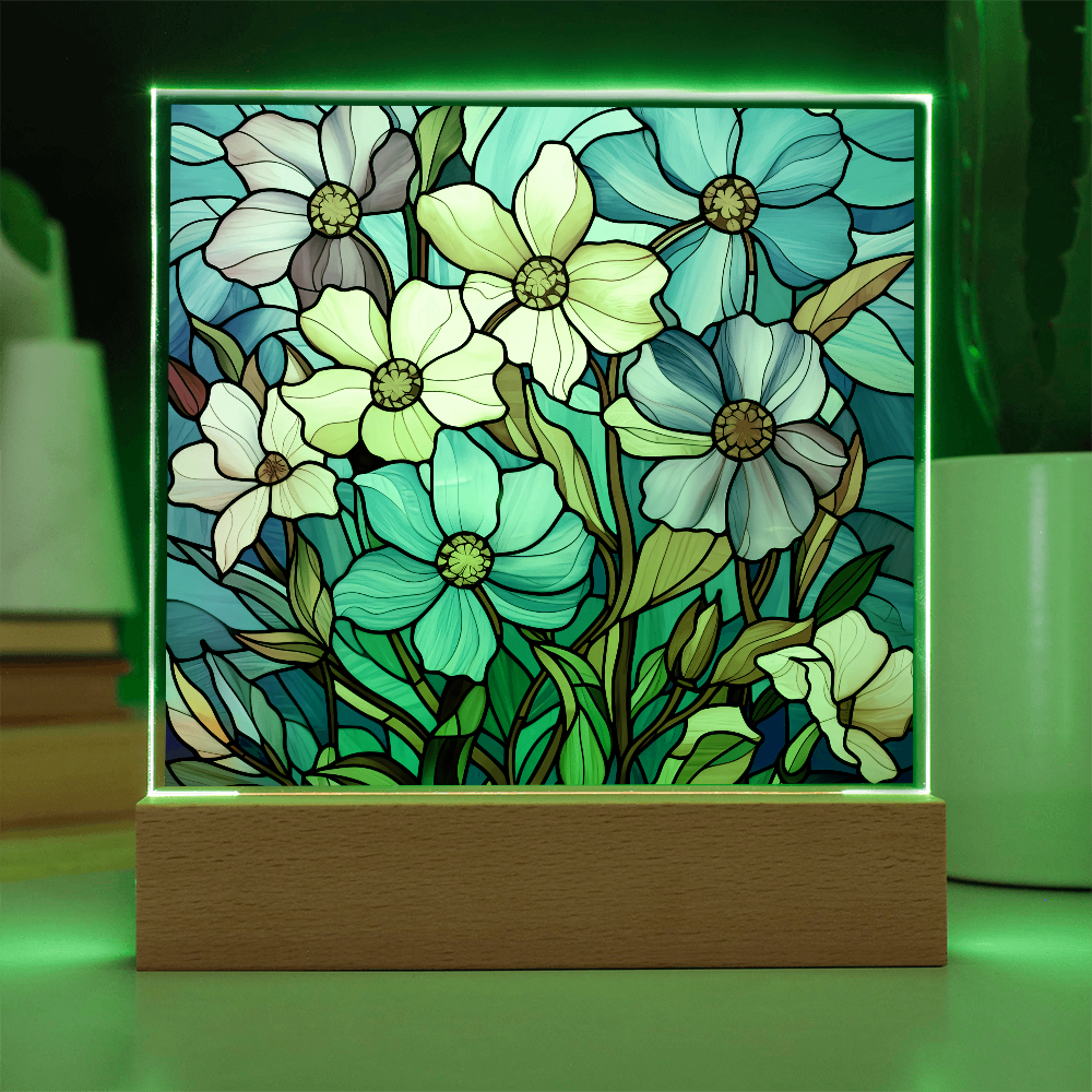 Blue Blossom Garden Stained Glass LED Acrylic Decor