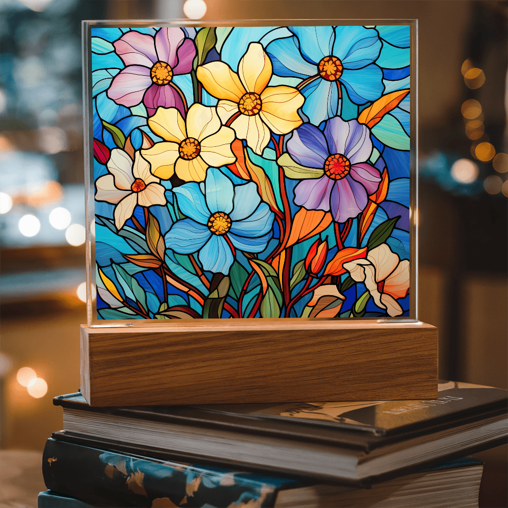 Blue Blossom Garden Stained Glass LED Acrylic Decor