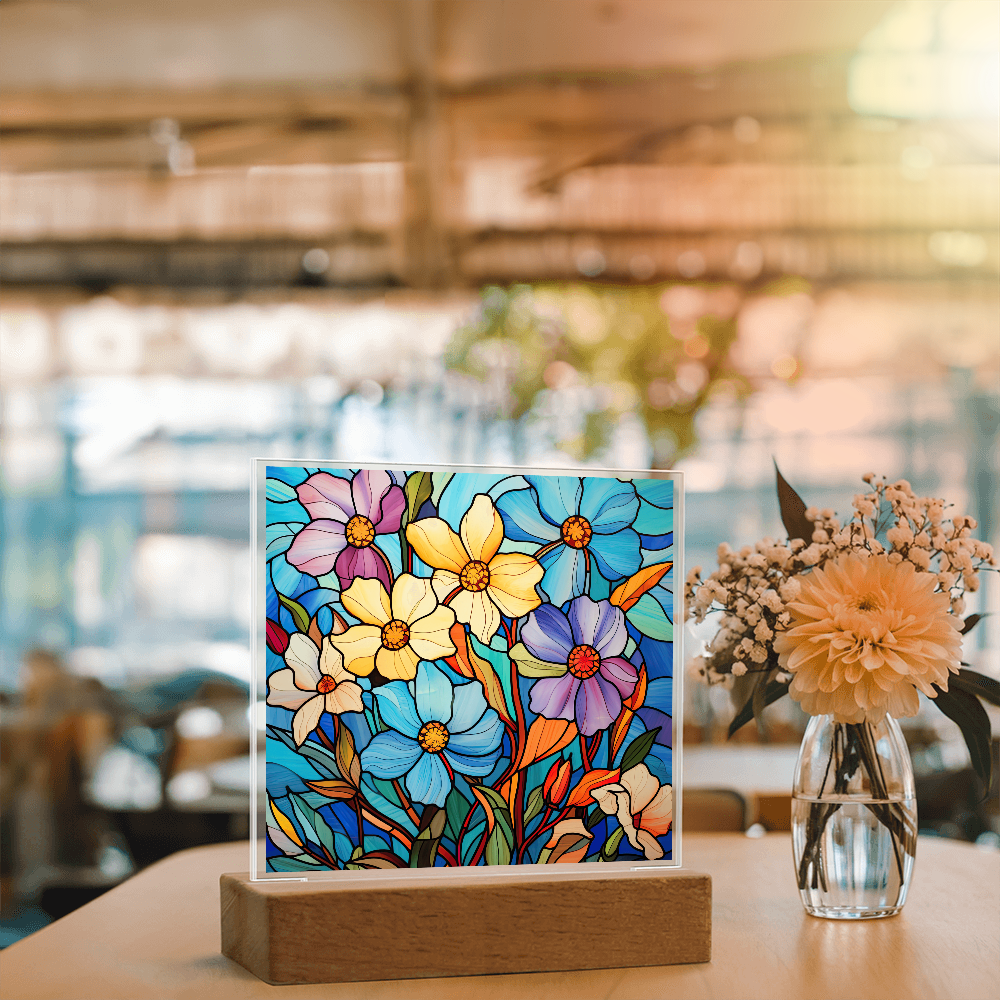 Blue Blossom Garden Stained Glass LED Acrylic Decor