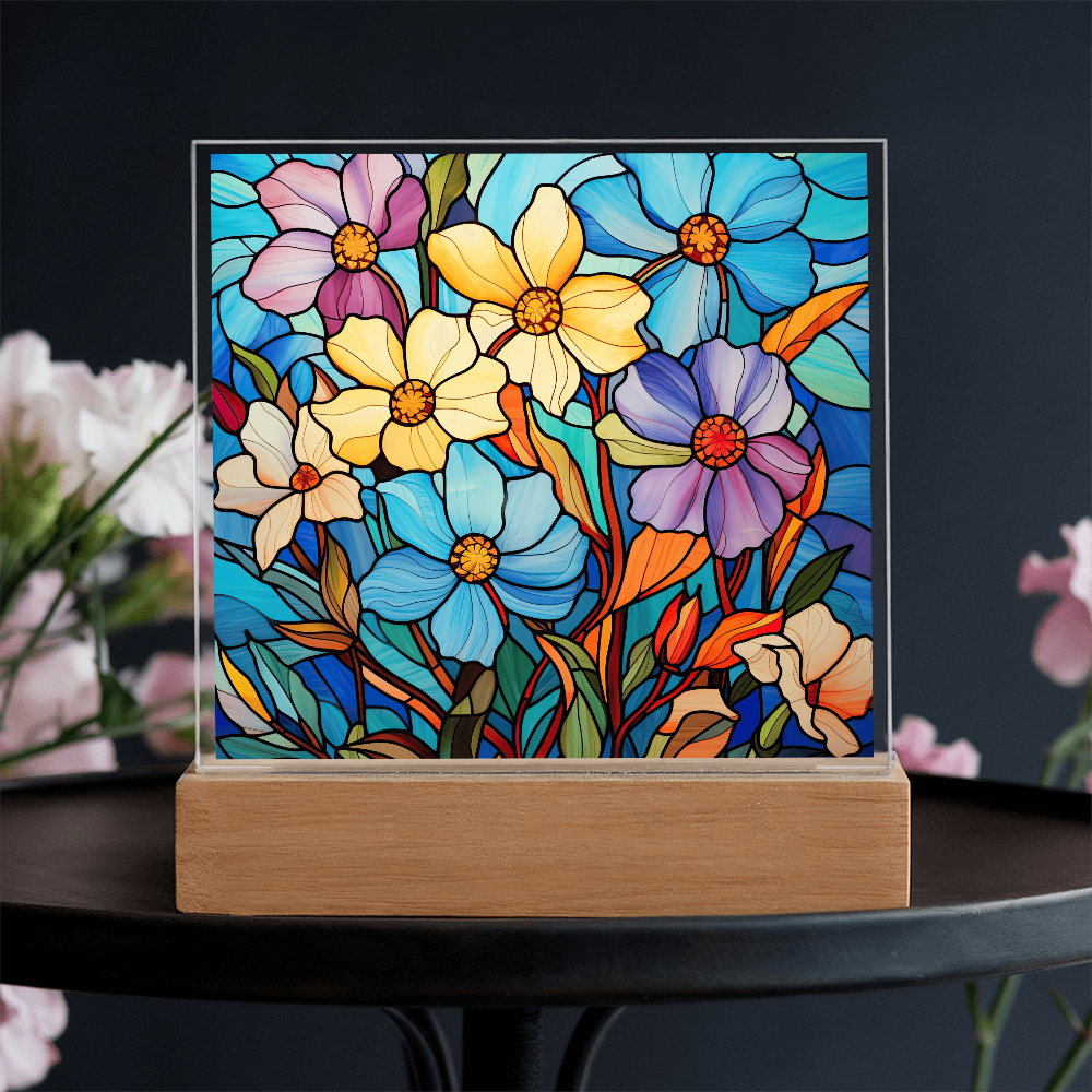 Blue Blossom Garden Stained Glass LED Acrylic Decor