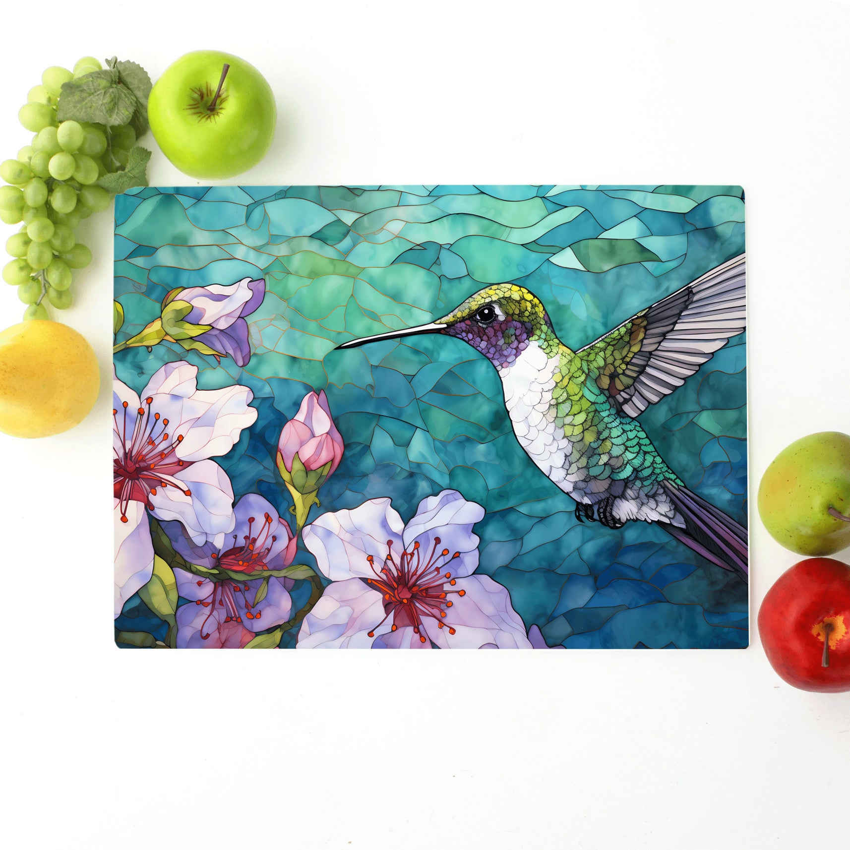 Hummingbird Glass Cutting Board – Large Tempered Glass Kitchen Decor